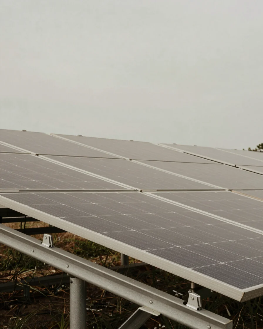 Neutral detail shot of solar panel modules and mounting structure in natural daylight, realistic color, restrained neutr