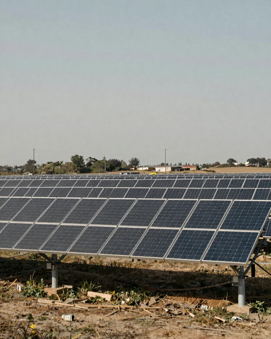 Factual wide environmental view of a utility-scale solar array under natural daylight, neutral tones, realistic color, 3